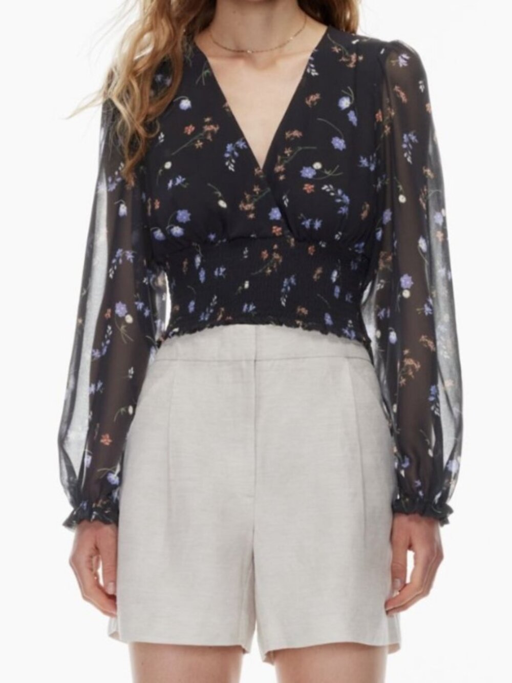 Aritzia Wilfred Wistful Genoa Blouse Black Floral Smocked Waist Sheer Sleeves